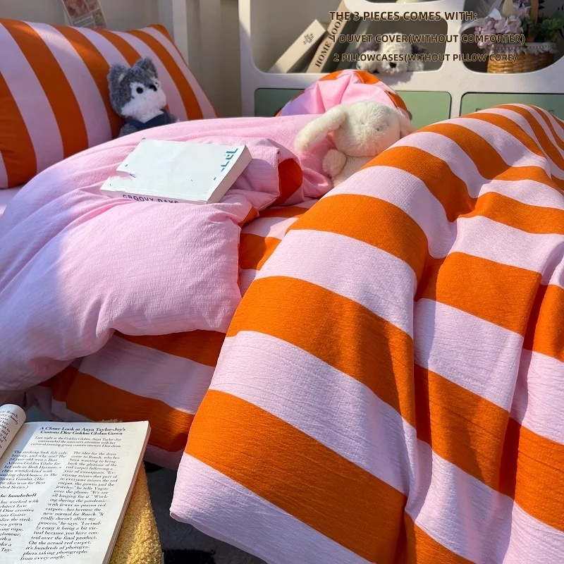 3pcs orange pink stripe Duvet Cover Set (1*Duvet Cover + 2*Pillowcase, Without Core),Bedding Set