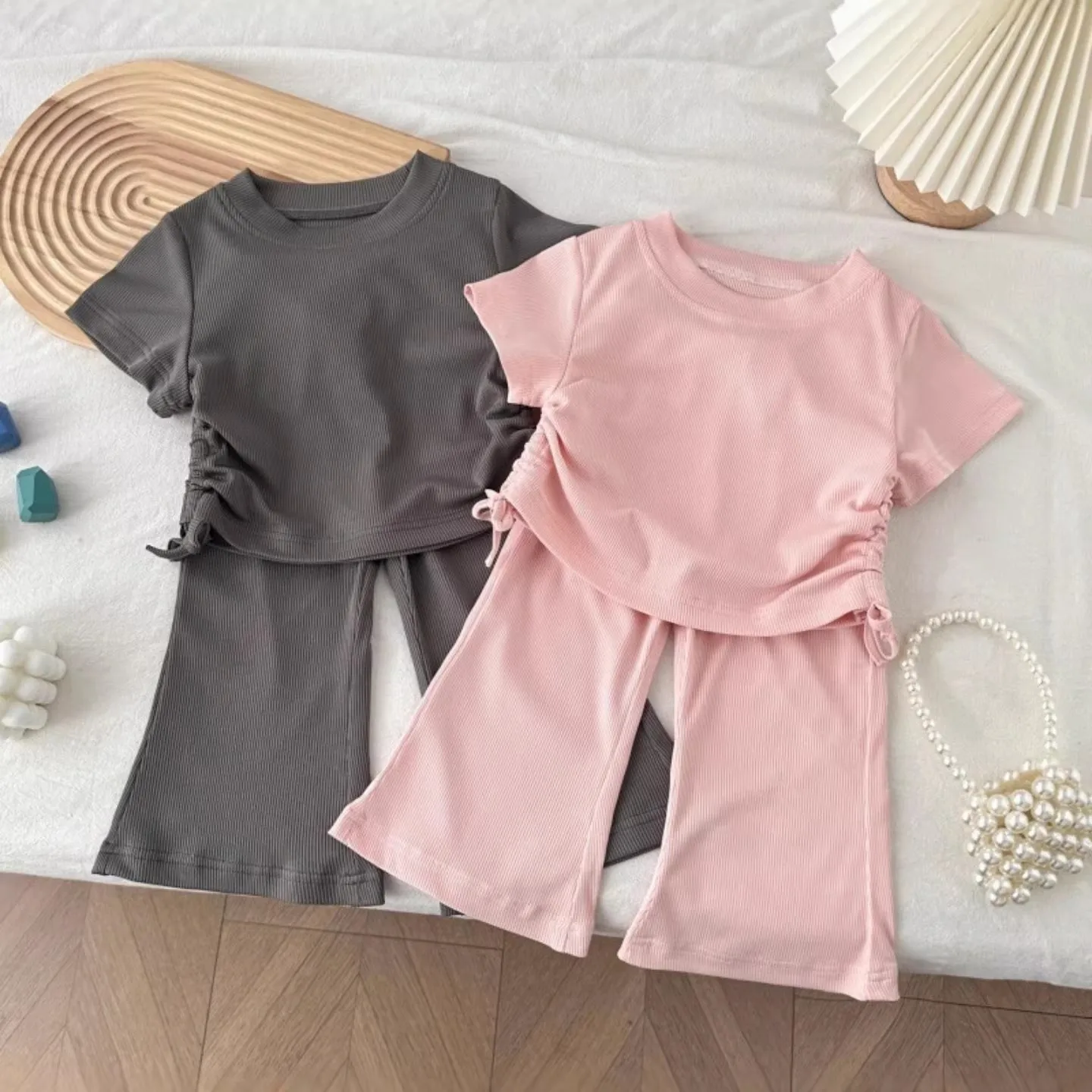 Girls' drawstring short sleeved set 2026 summer new item, versatile summer outfit for girls, Korean version two-piece set