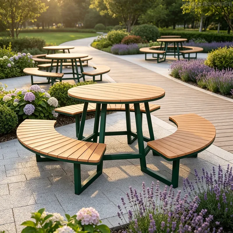 Outdoor Round Table and Chair Set Patio Garden Furniture Public Rest Seating for Courtyard Terrace Community Area