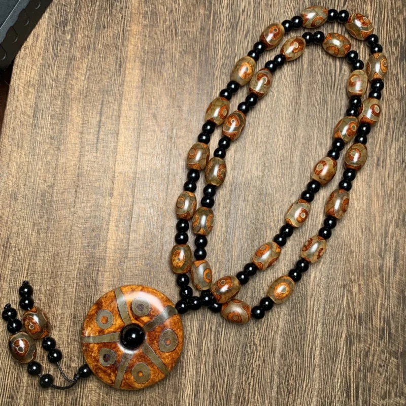 Old Agate Three- - Dzi Bead Necklace Size Ten-Eyed Peace