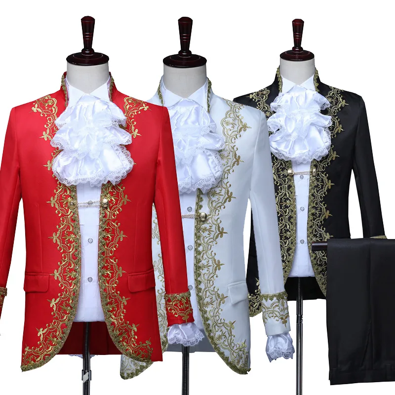 Men Deluxe Victorian King Prince Costume Top Jacket Coat Blazer Suit Pants Jabot Tie Stage Theater Cosplay Outfit Halloween