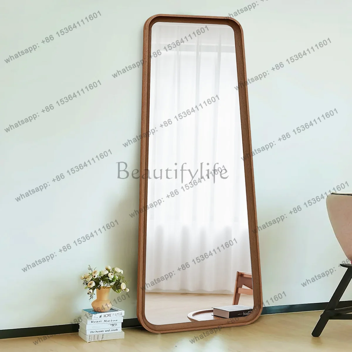 Retro light brown full-length mirror, simple natural style rectangular home living room bedroom full-body fitting mirror