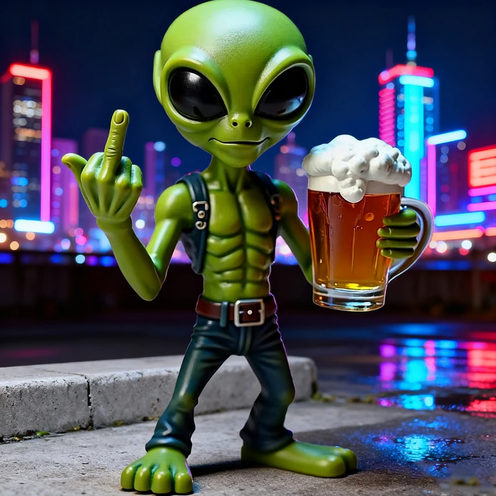 10 cm große, lustige Alien-Statue aus Kunstharz, Alien-Skulptur mit Bier, lebendige Figur, Dekoration für Garten und Haus im Freien