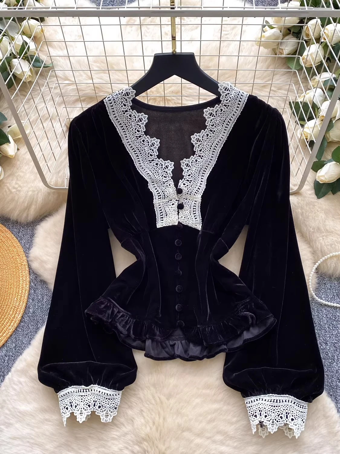 

Весенне-осенняя бархатная блузка с V-образным вырезом и длинным рукавом для женщин, с эффектом утяжки талии, новая модная модель