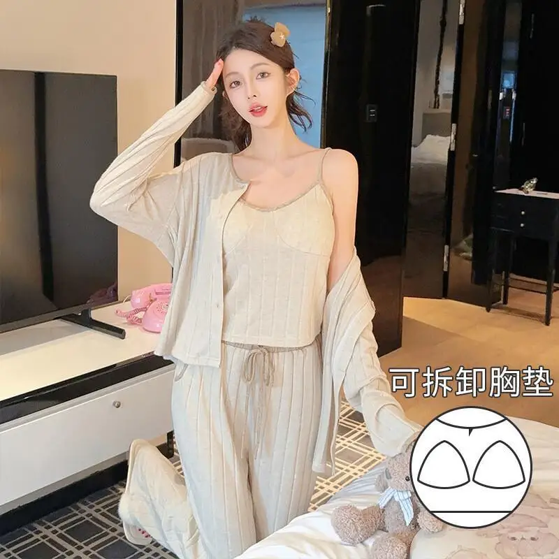 

Women's Pajama Set Autumn and Winter Long Sleeve Camisole Three Piece Set with Padded Cups Sweet Homewear Sleepwear Outerwear