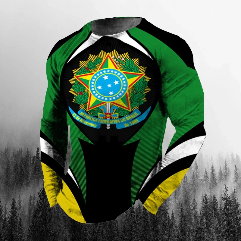 Vintage Brazilian Flag 3D Print Autumn Men's O-Neck T-shirt Casual Long Sleeve Oversized T Shirt Fashion Pullover Men Clothing view 4
