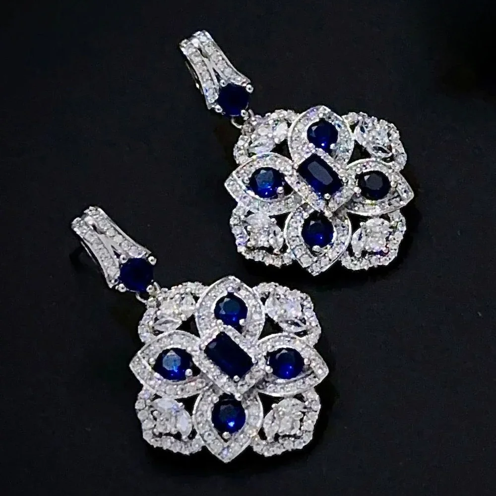 2024 New Trendy Lab Sapphire Jewelry Sets 14K White Gold Plated Ring Earring Necklace Female Vintage Wedding Banquet Accessories