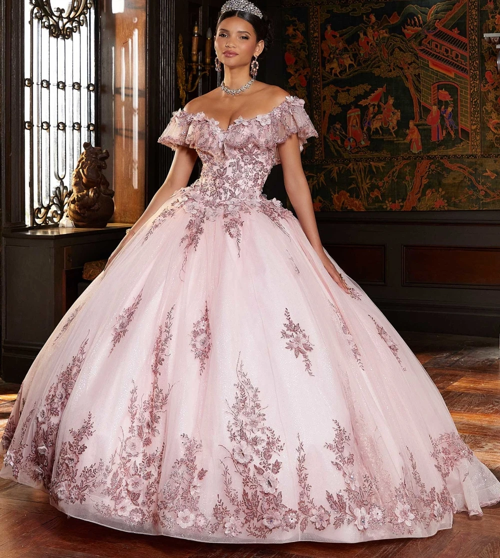 

EVLAST Gitter Pink Quinceanera Dress Ball Gown 3D Floral Flower Applique Beading Ruffles Sweet 16 Vestidos De 15 Años TQD141