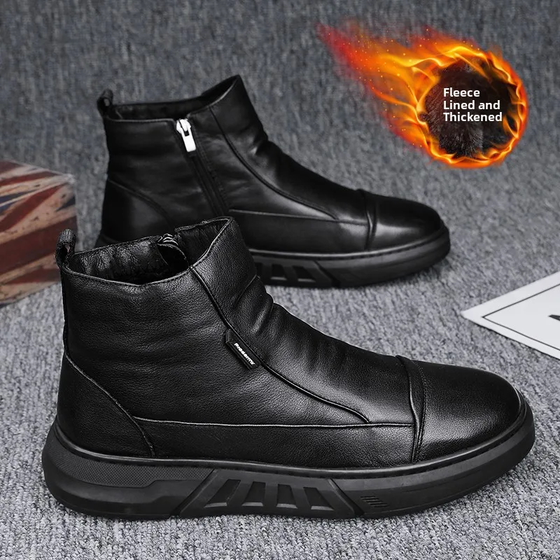 Men's Winter  Boots Thermal Fleece Lined Fur Integrated Snow Boots High Help Waterproof Leather Shoes for Delivery Riders