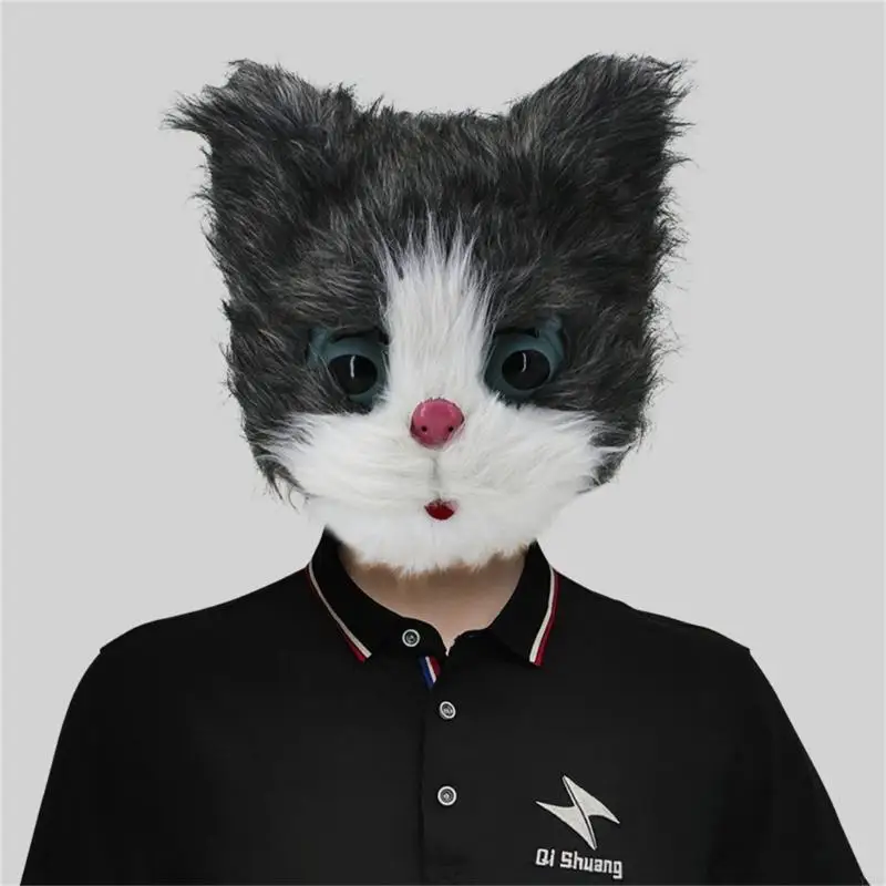 Y5GC 할로윈 파티 의상 라텍스 고무 코스프레 고양이 머리 플러시 마스크