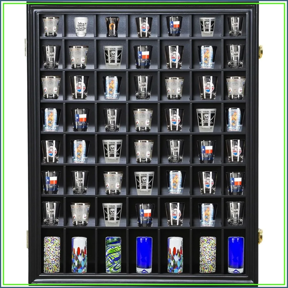 56 Slots Shot Glass Display Case, Wall Mounted Wooden Cabinet with Lockable UV Protection Acrylic Door, Removable Shelves, 23.3"x18.74"
