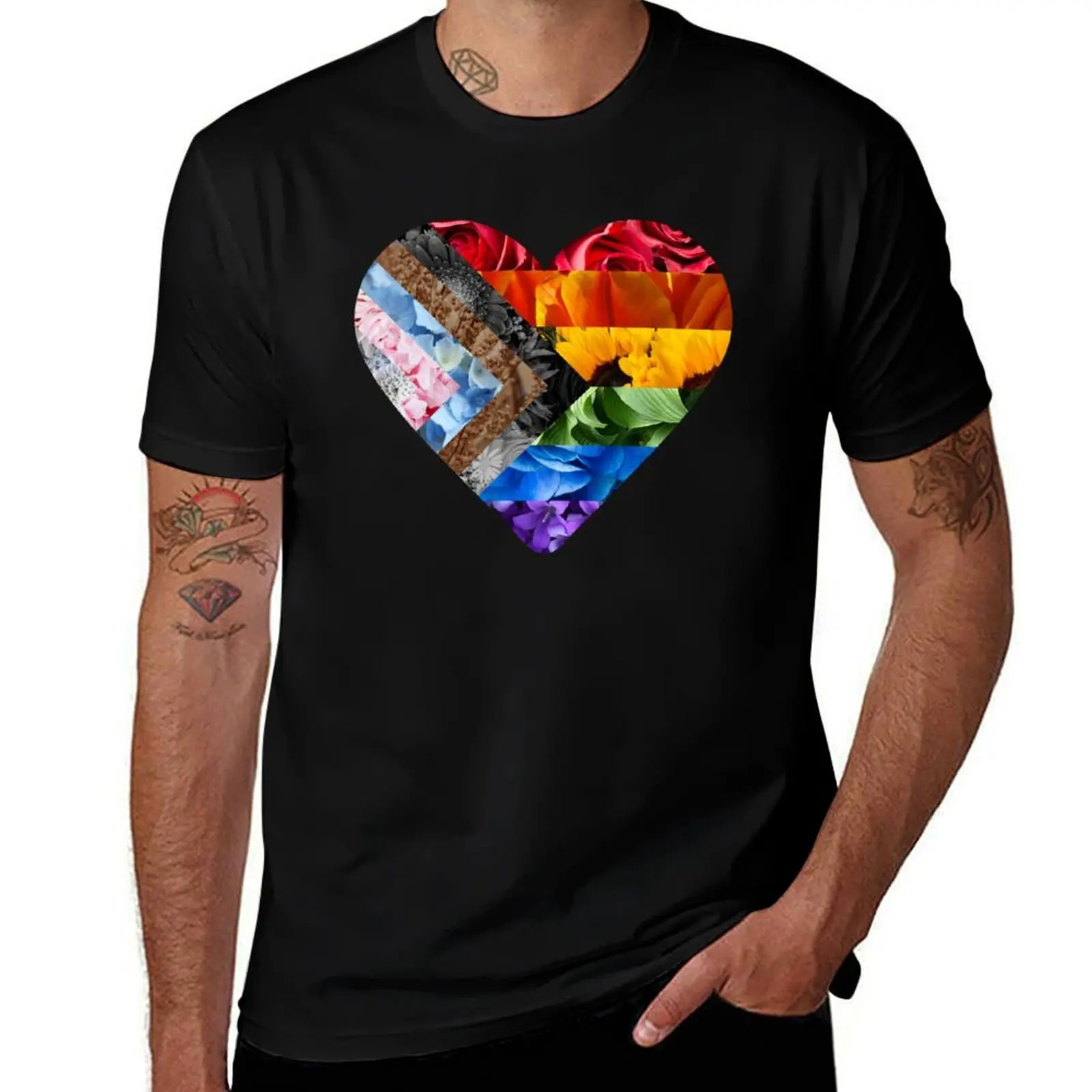Progress Pride Flag Heart Flowers T-Shirt Work Casual Loose Fit T-Shirt