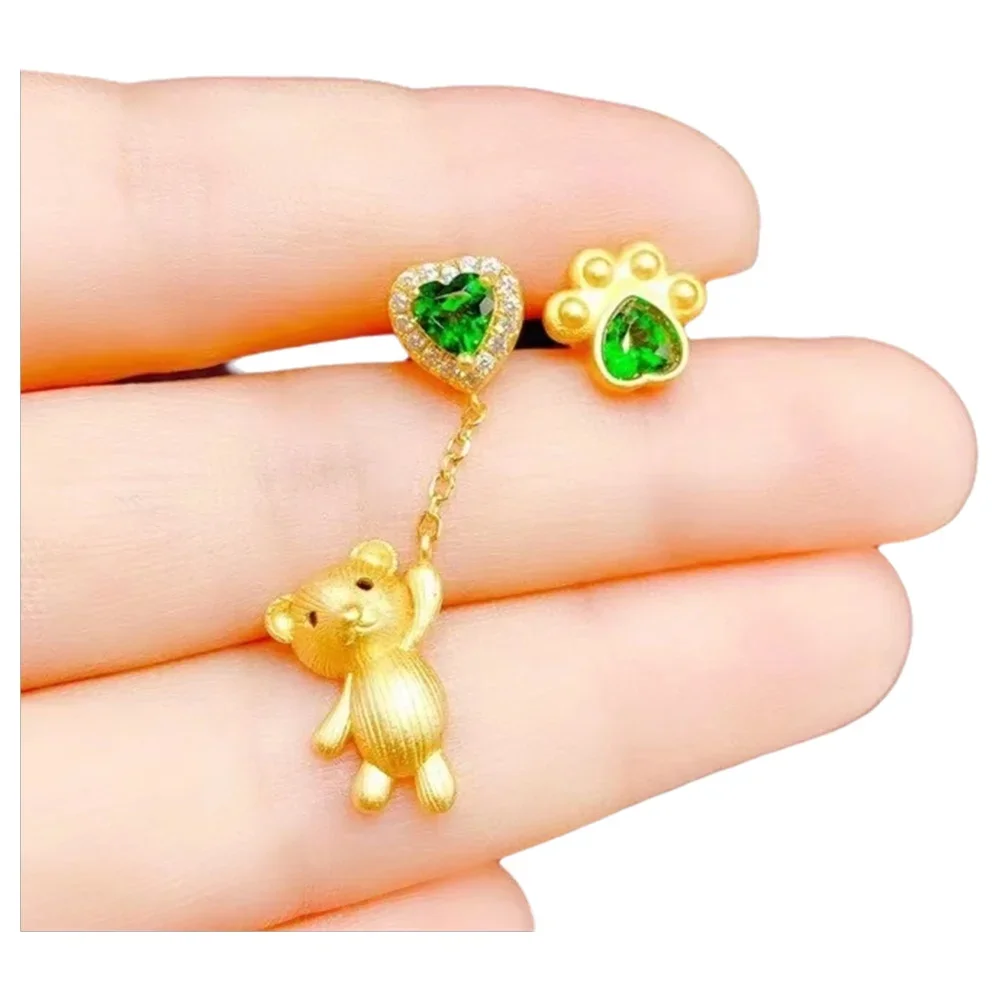 

925 Pure Silver Earrings Girl, Chinese Style, Natural Diopside, Trendy, Heart, Bear, Asymmetric Gem, Ear Stud, Gift,Fine Jewelry