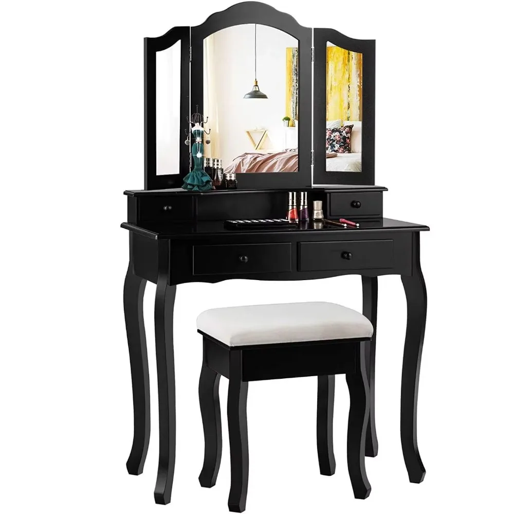 Black Dressing Vanity Desk Set with 4 Drawers and Tri-Folding Mirror Modern Makeup Table for Bedroom Bathroom