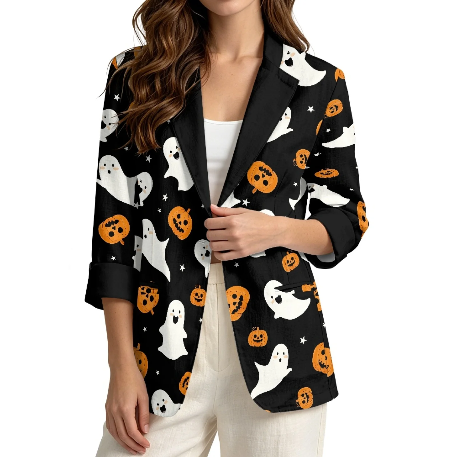 PENSTROLL Loose Linen Style Outerwear with Pockets Open Front Cardigan for Daily Wear Ghosts