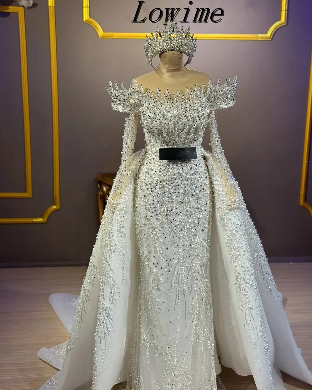 Lowime Custom Made Sparky Long Sleeves Mermaid Evening Dresses With Detachable Train Customized Engagement Party Dresses