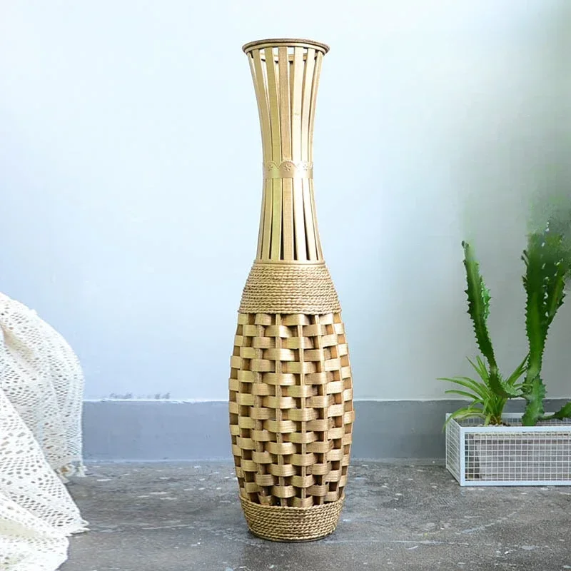 Luxury Bamboo Woven FloortoCeiling Vase - Bohemian Room Decor Living Room Entrance Tall Bamboo Planter Elegant Vase Stand