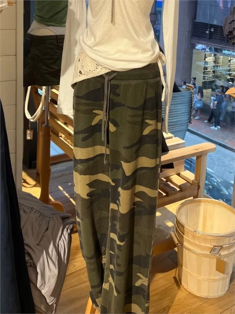 

American Vintage Camouflage Sweatpant Women Summer Drawstring Low Waist Cotton Sport Straight Trousers Streetwear Y2K Baggy Pant