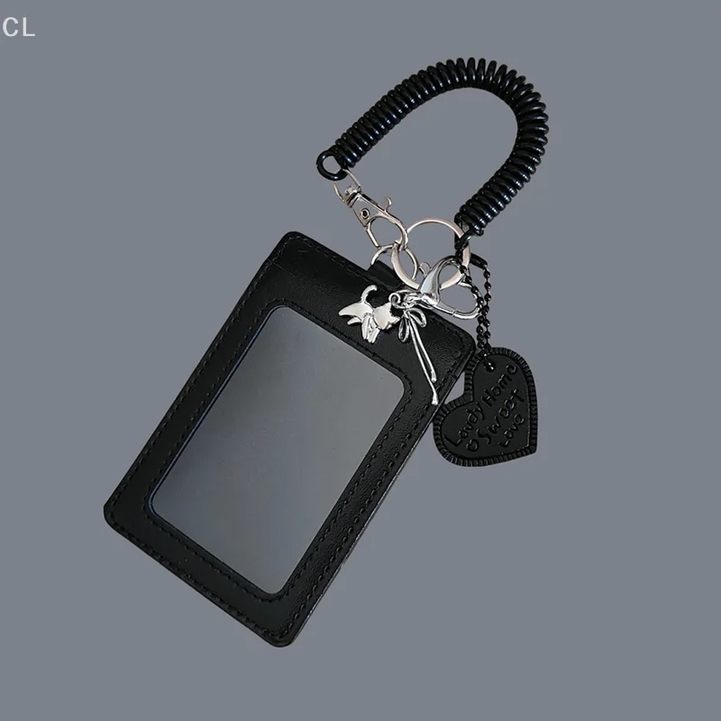 

Black PU Leather Cat Bow Charm ID Card Keychain with Photo Slot