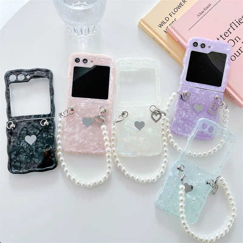 

Shell Patterned Pearl Chain Phone Case for Samsung Galaxy Z Flip 6 5 4 3 Protective Back Cover for ZFlip4 ZFlip5 ZFlip6 Shell