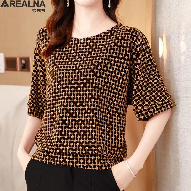 

New Women's T-Shirts Summer Clothing plaid Graphic Shiny elastic Pullovers bat Sleeve Tops Streetwear Oversize loose Ladies 2023