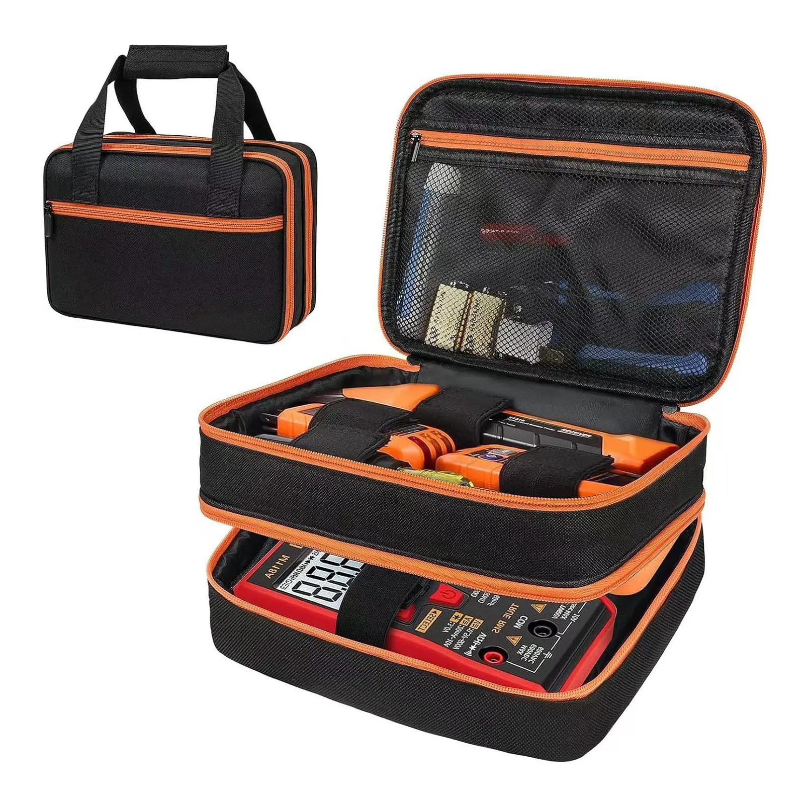 

Electrical Test Kit Storage Bag with Easy and Quick Opening Closing Mesh Pockets Suitable for Wires Batteries Small Items