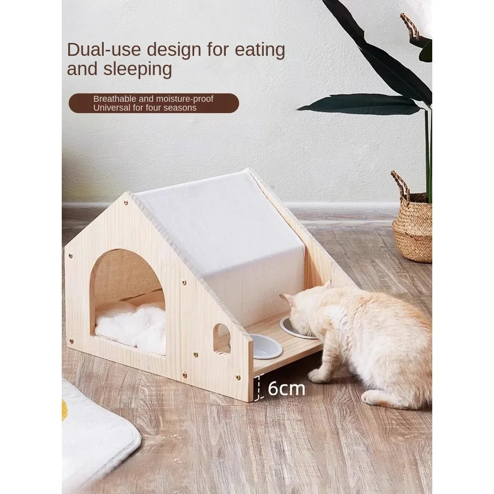 Four Seasons Universal Cat House Wooden House Bowl Integrated Household Cat Villa Solid Wood Small Cat House Intern