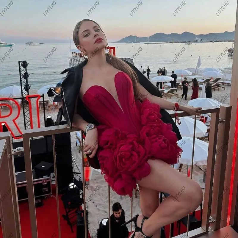 Sexy vermelho escuro mini vestido de alta costura querida grande floral curto vestidos de festa de baile feminino celebridade usar aniversário vestido formal