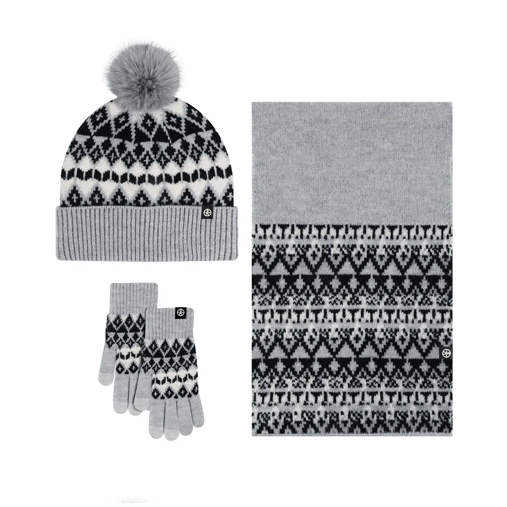 3pcs/set Women Winter Beanie Gloves Scarf Plaid Striped Knitted Hat Pompom Long Scarves Touch Screen Gloves