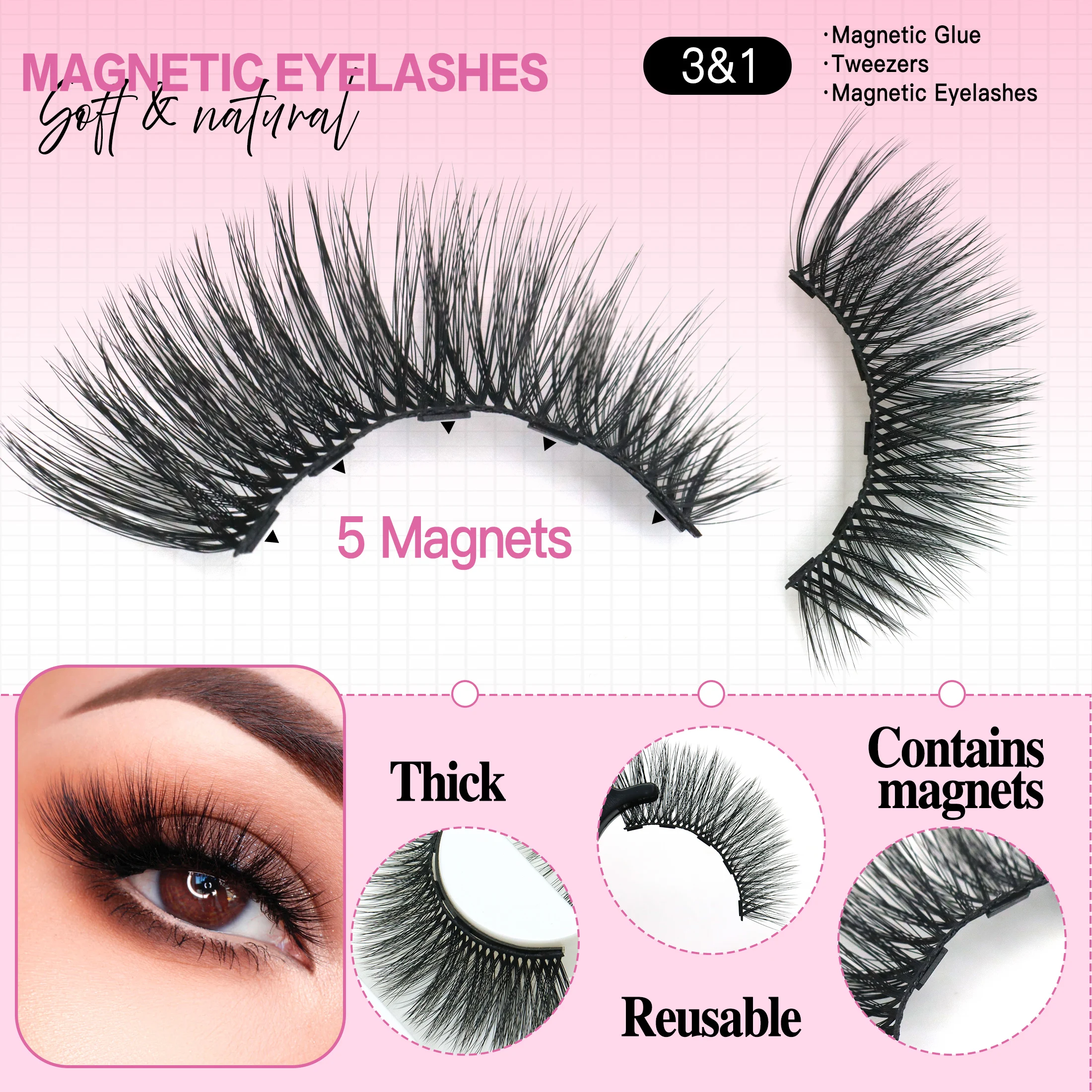 3-teiliges magnetisches Wimpern-Eyeliner-Pinzetten-Set, 3D-Nerzwimpern, natürliche künstliche falsche Wimpern, flauschiges Wispy-Volumen