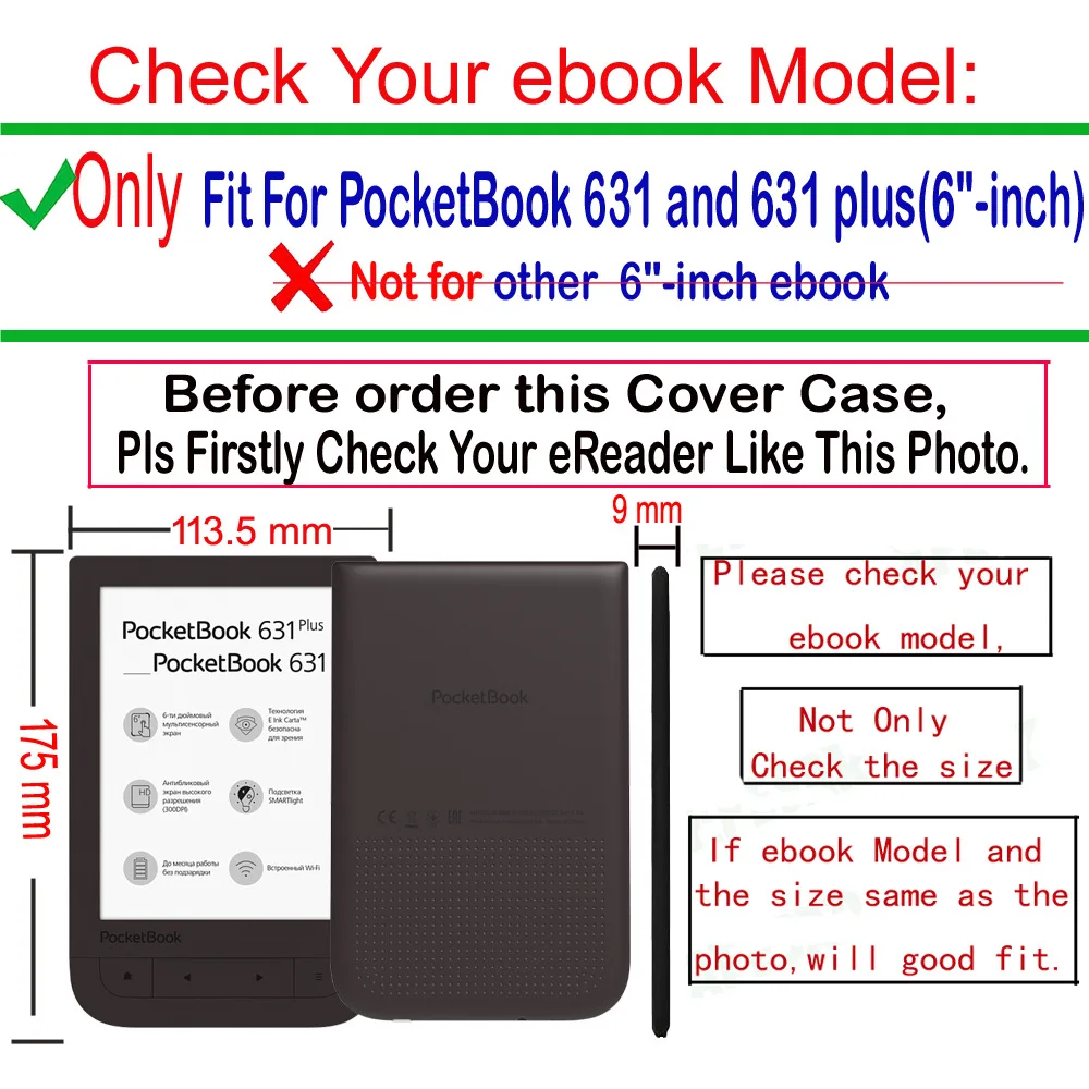 Case for Pocketbook 631/631plus Touch HD2/Touch HD1/ E-Book Case, Full Coverage Ultra Slim Leather Cover Case