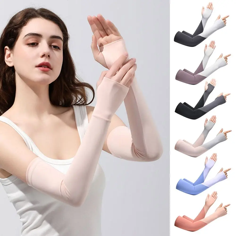 

Thin Arm Sleeves Fashion Ice Silk Elastic Anti-UV Mittens Fingerless Long Sunscreen Gloves Women Girls