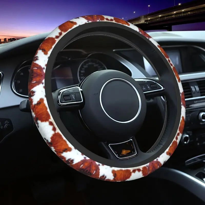 Faux Fur Cowhide Leather Style Steering Wheel Cover Animal Hide Fur Texture Steering Wheel Protector Universal Car Accessories