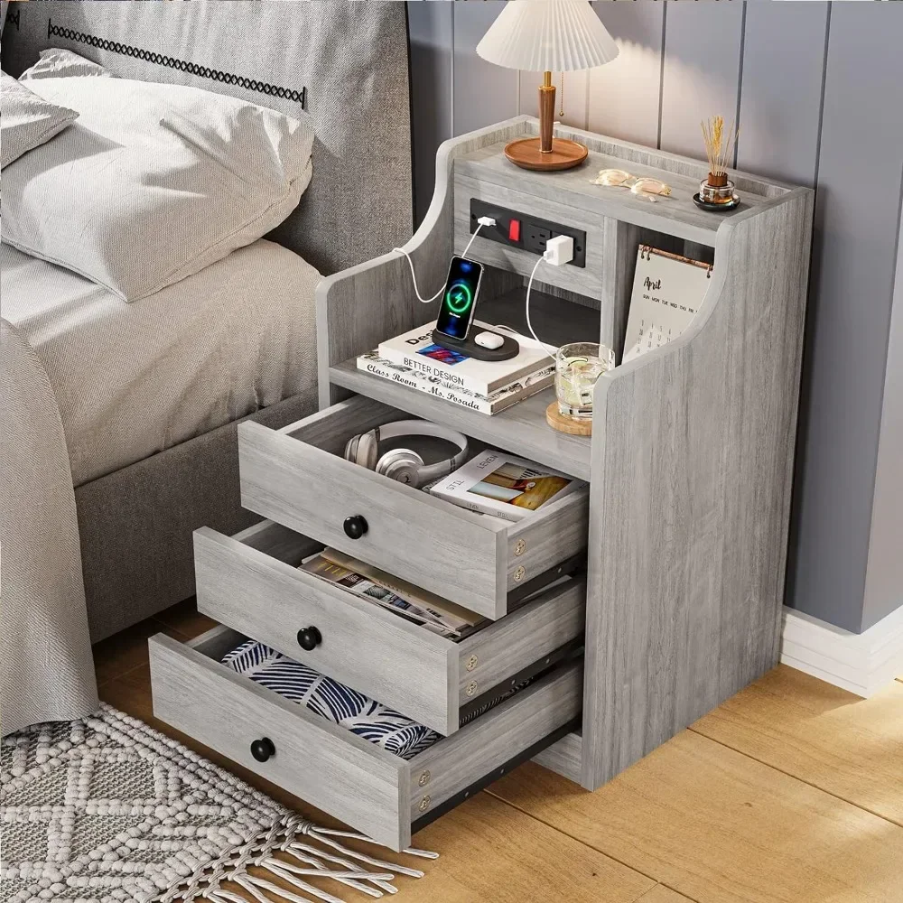 Nightstand with Hutch and Charging Station, Nightstands with 3 for Bedrooms Set of 2, Bedside Table Nightstand