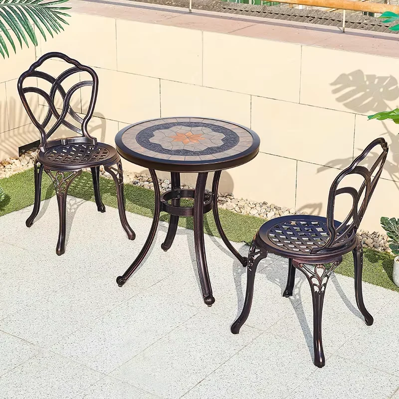 

3-Piece Outdoor Cast Aluminum Tables And Chairs Set 65cm Ceramic tile Table for 2 People Courtyard Garden Rust-Resistant Set