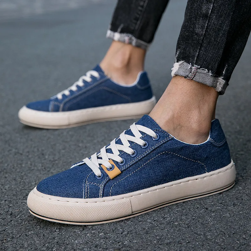 Sapato casual azul clássico masculino, sapato de lona jeans retrô, tênis plano respirável, mocassins primavera, 2024