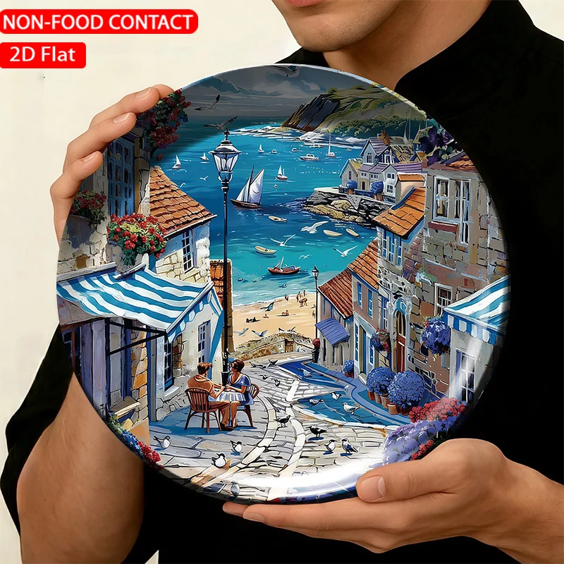 1pc FORJN Modern Round Ceramic Wall Plate - Coastal Village Scene Decorative Plate Suitable, Living Room,, Non-Food Contact for
