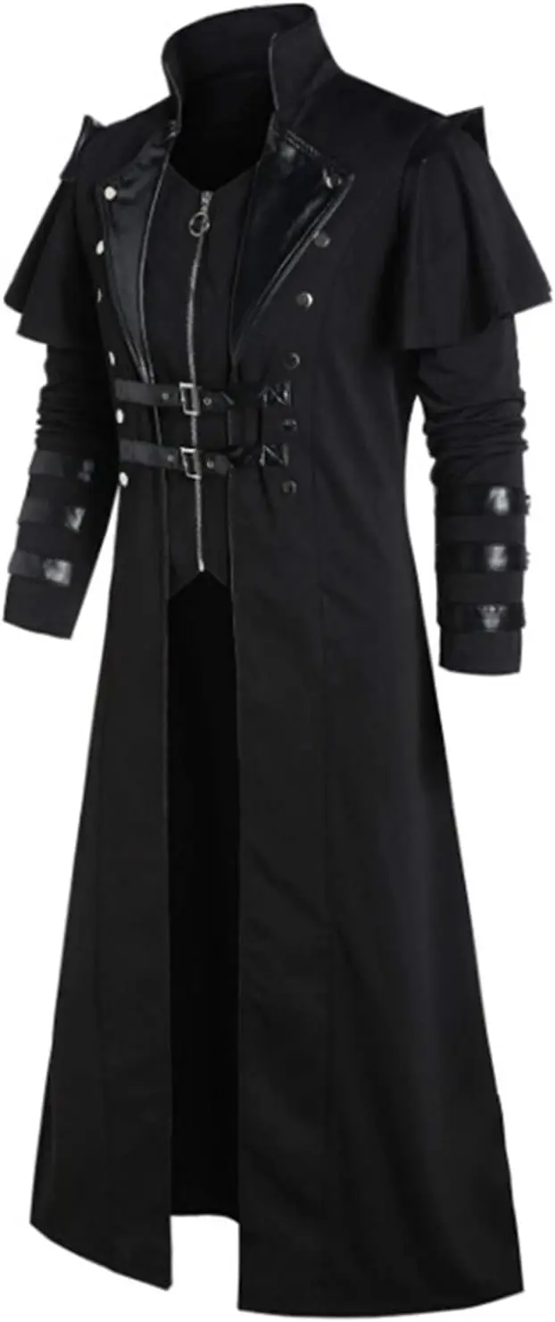 Men\'s Steampunk Gothic Long Trench Coat Jacket Double Breasted Zipper Punk Tops Cosplay Medieval Costume Black