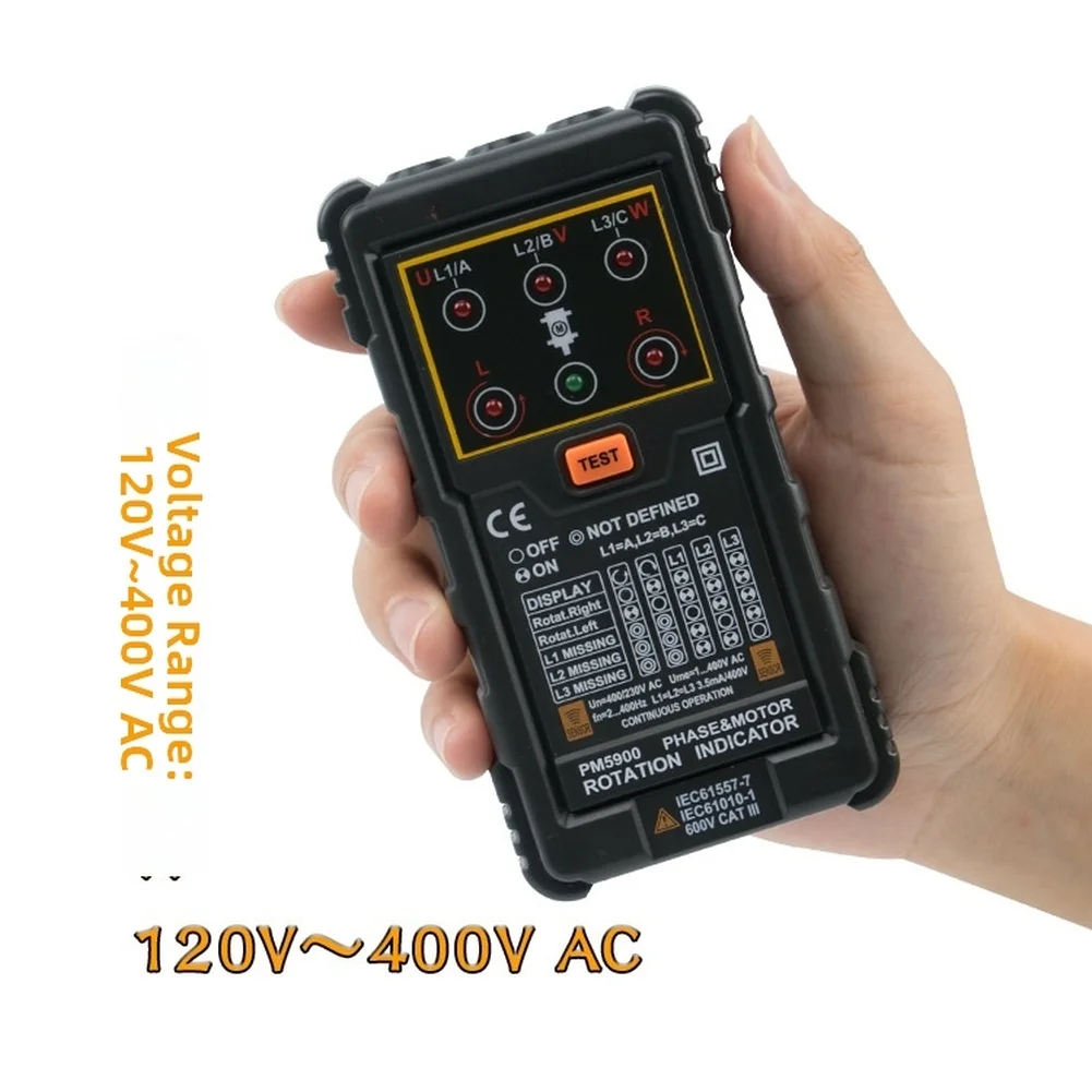 PEAKMETER PM5900 Non Contact Motor Phase Order Tester 120V-400V 2Hz-400Hz R/L Rotation Indicator For 3 Phase AC Electrical Testi