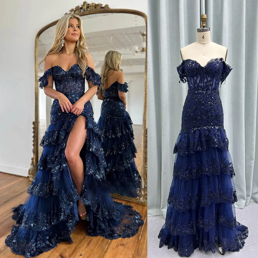 YQLNNE Navy Embroidered High Slit Prom Dresses Long Off Shoulder Lace Edge Formal Women Dress Zipper Back