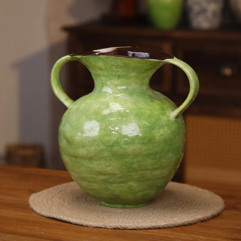 YFY Jingdezhen lemon green binaural handmade ceramic vase green plant vase home living room entrance