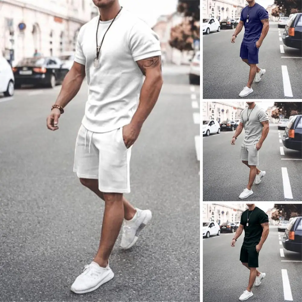 Milk Silk Fabric Activewear Men's O-neck Short Sleeve Sportswear Set with Elastic Waist Shorts Athleisure Suit in for Active