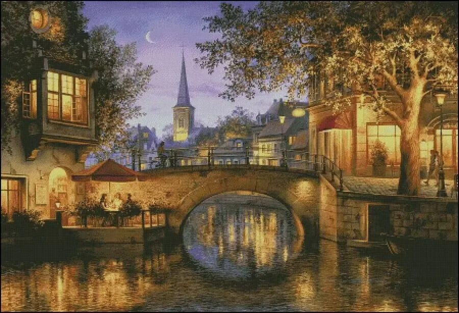 Riverside Cafe at Night Scenery 18CT 16CT 14CT Unprinted Cross Stitch Kits Embroidery Art DIY Handmade Needlework Home Decor