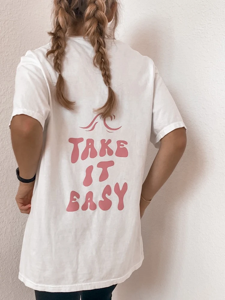 

Женские топы с принтом Take It Easy, личные уличные универсальные футболки с коротким рукавом, удобная одежда большого размера, женские хлопковые футболки