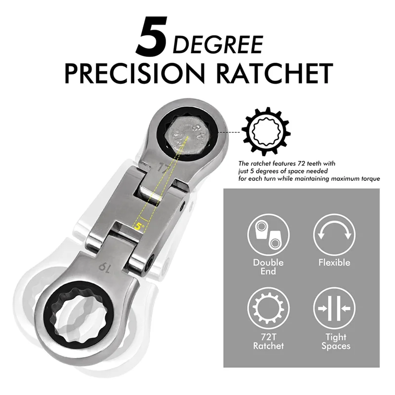 Conjunto de chaves atarraxadas AC88, conjunto de chave de catraca de cabeça flexível chave de catraca de extremidade de caixa dupla métrica 8-19mm 5 peças