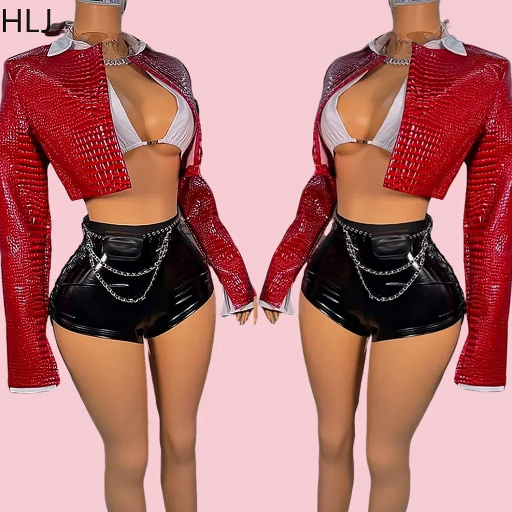 

HLJ&GG Fashion Y2K Leather Snake Jacket Coat Three Piece Sets Women Lapel Long Sleeve Crop Top+Shorts Outfits Trend Streetwear