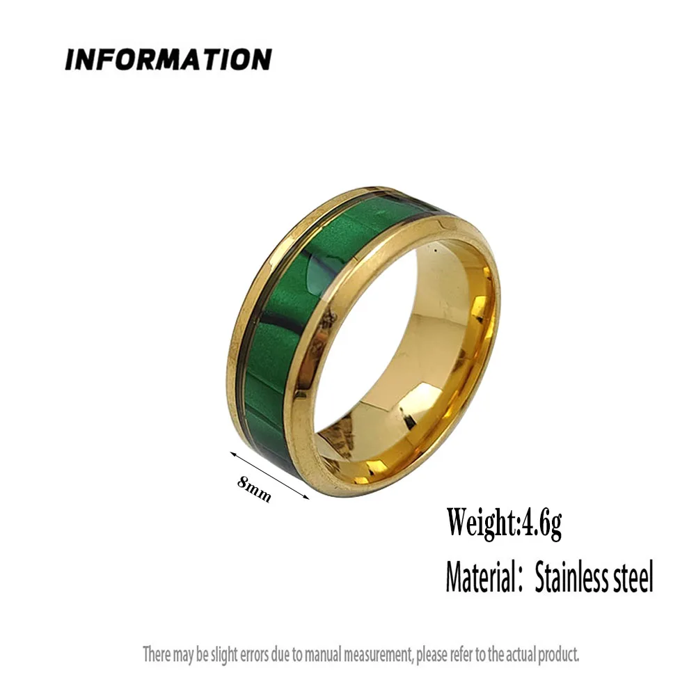 Stylish and charming stainless steel gold-plated men\'s ring, simple green enamel women\'s ring, wedding party jewelry