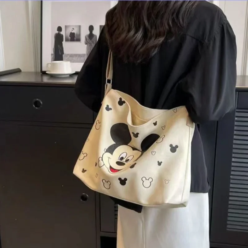 Sacola Disney grande capacidade para mulheres, carta kawaii Mickey Mouse, bolsa de ombro para meninas, bolsa de desenho animado