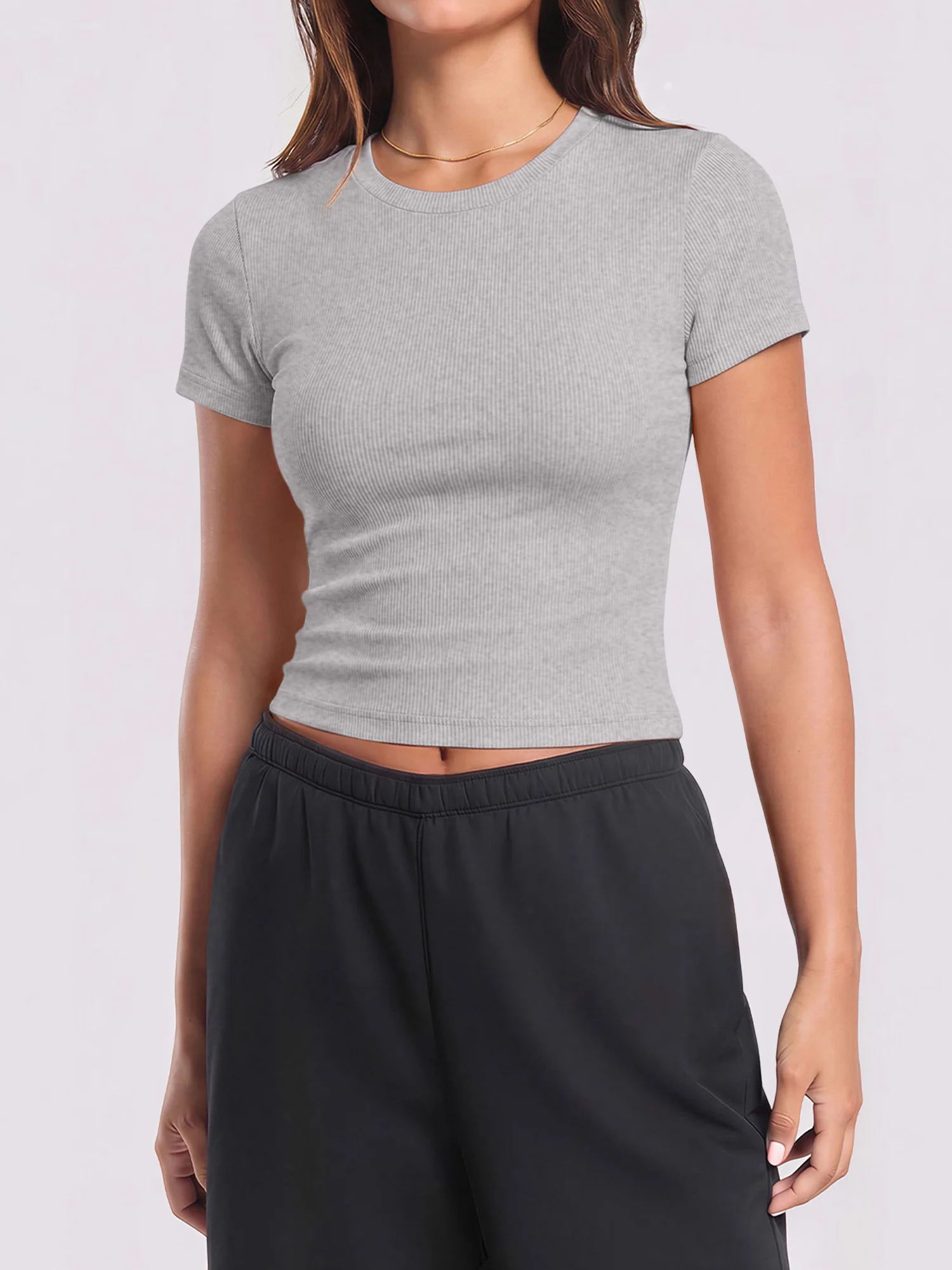 Wardrobe‑Essential Cropped Ribbed Blouse, Elastic Short‑Sleeve Shirt to Pair With Jackets & Overshirts