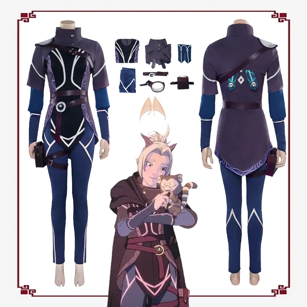 Rayla-Disfraz de Cosplay de la película El príncipe dragón para mujer, uniforme con pantalones y orejas, traje de fantasía para fiesta de Carnaval y Halloween